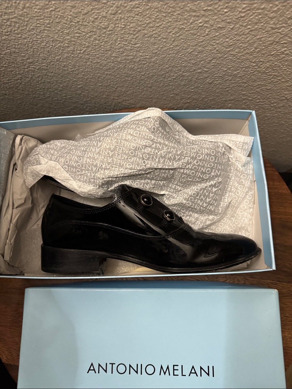 ANTONIO MELANI Black Patent Leather Slip-On Dress Shoes